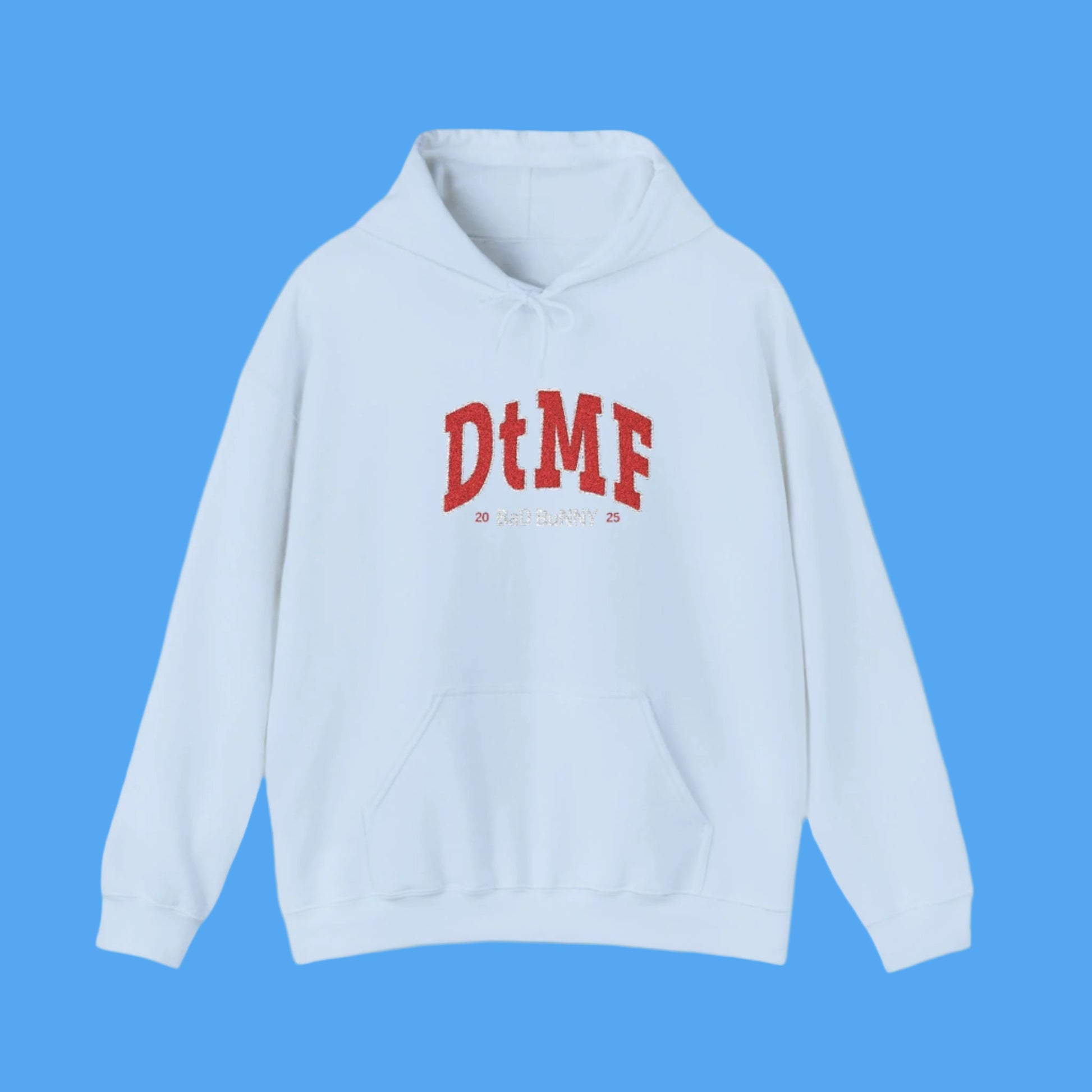Light blue hoodie with red text on a blue background