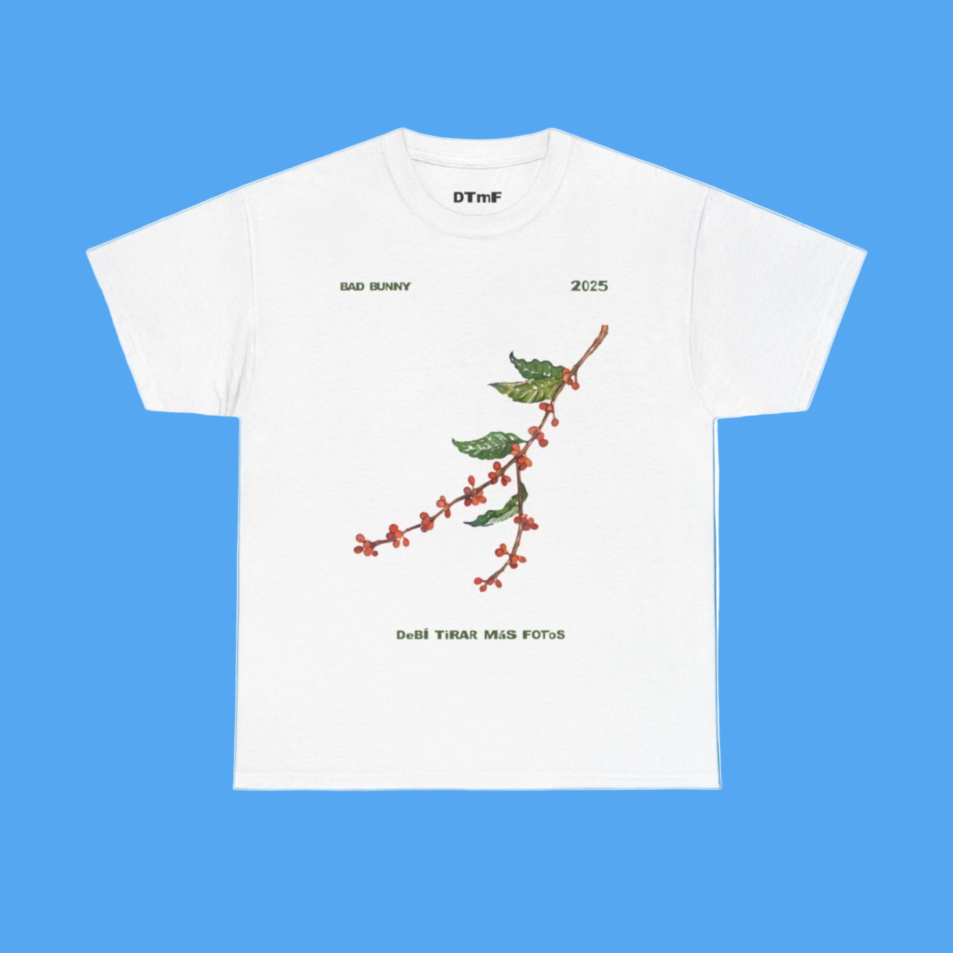 White t-shirt with a floral design and text on a blue background