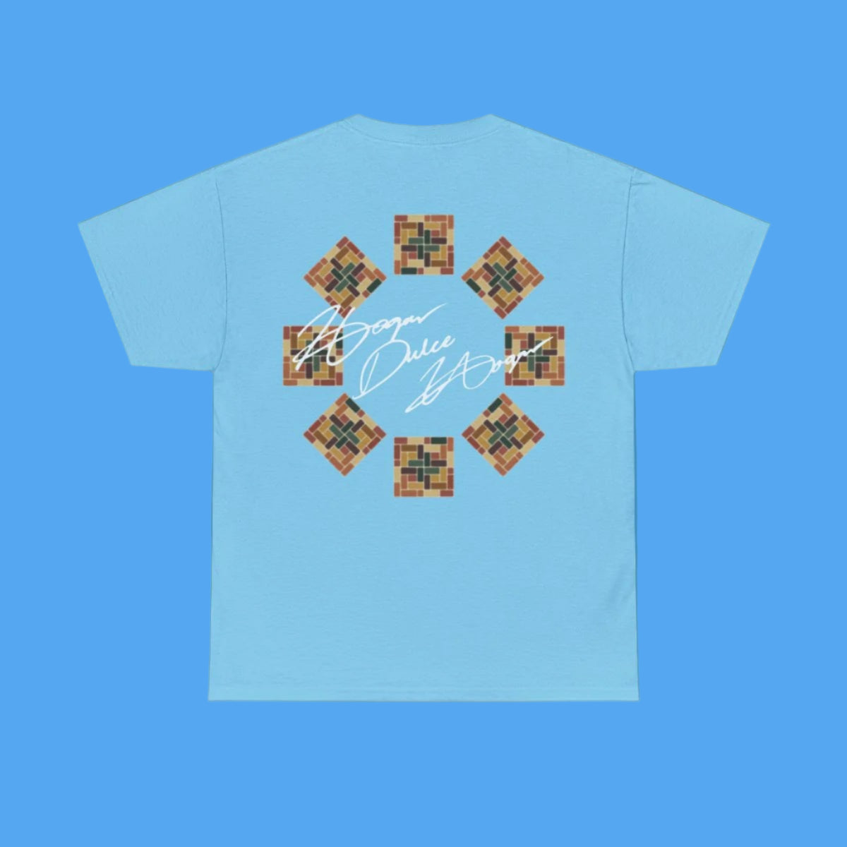 Light blue t-shirt with geometric pattern and text on a solid blue background