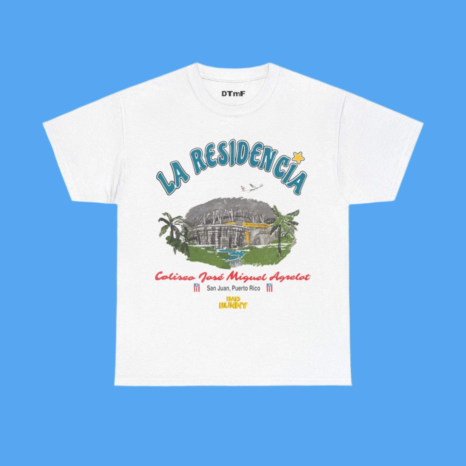 White t-shirt with 'La Residencia' graphic design on a blue background