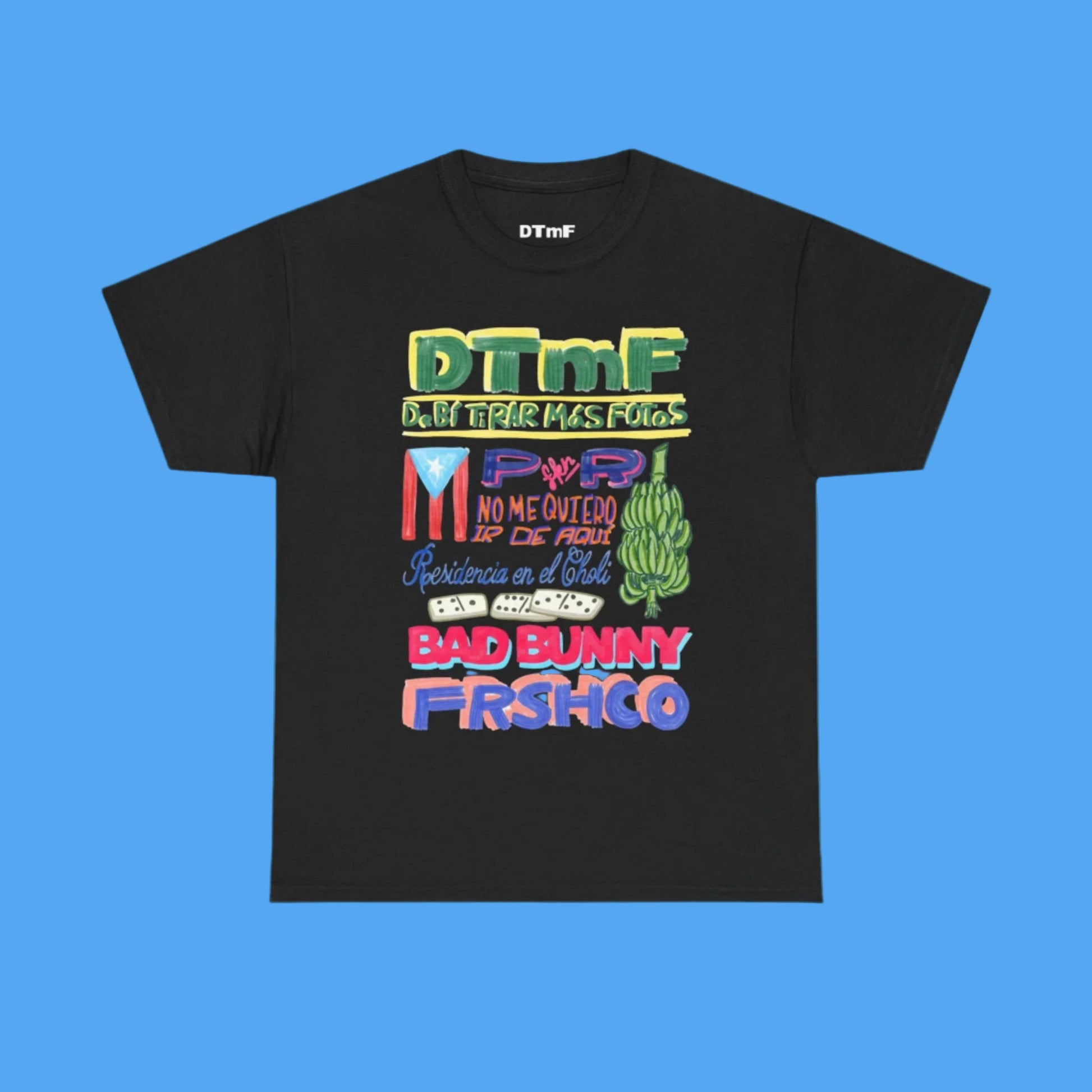 Black t-shirt with colorful graphics and text on a white background