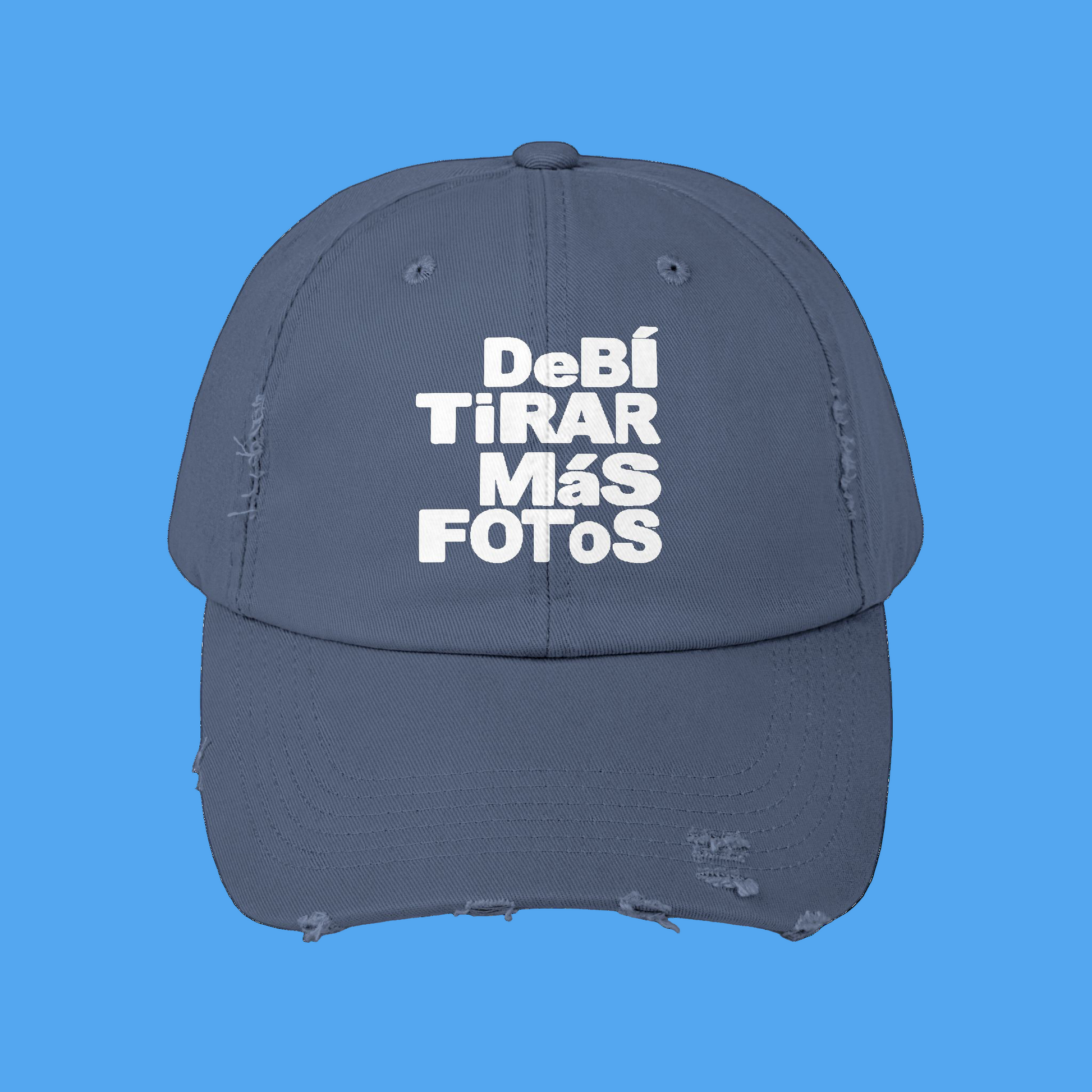 Navy blue cap with white text on a white background