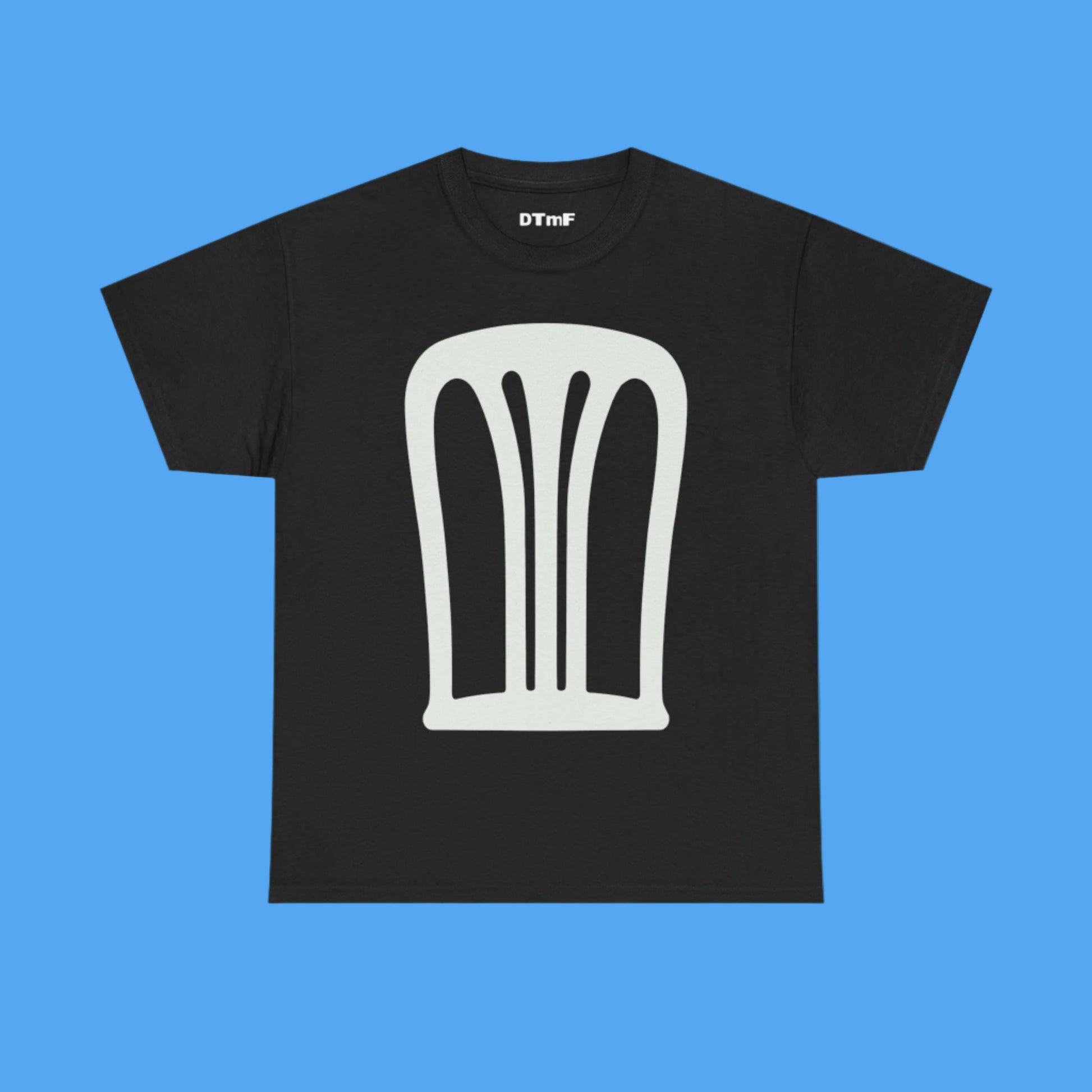 Black t-shirt with a white graphic design on a blue background