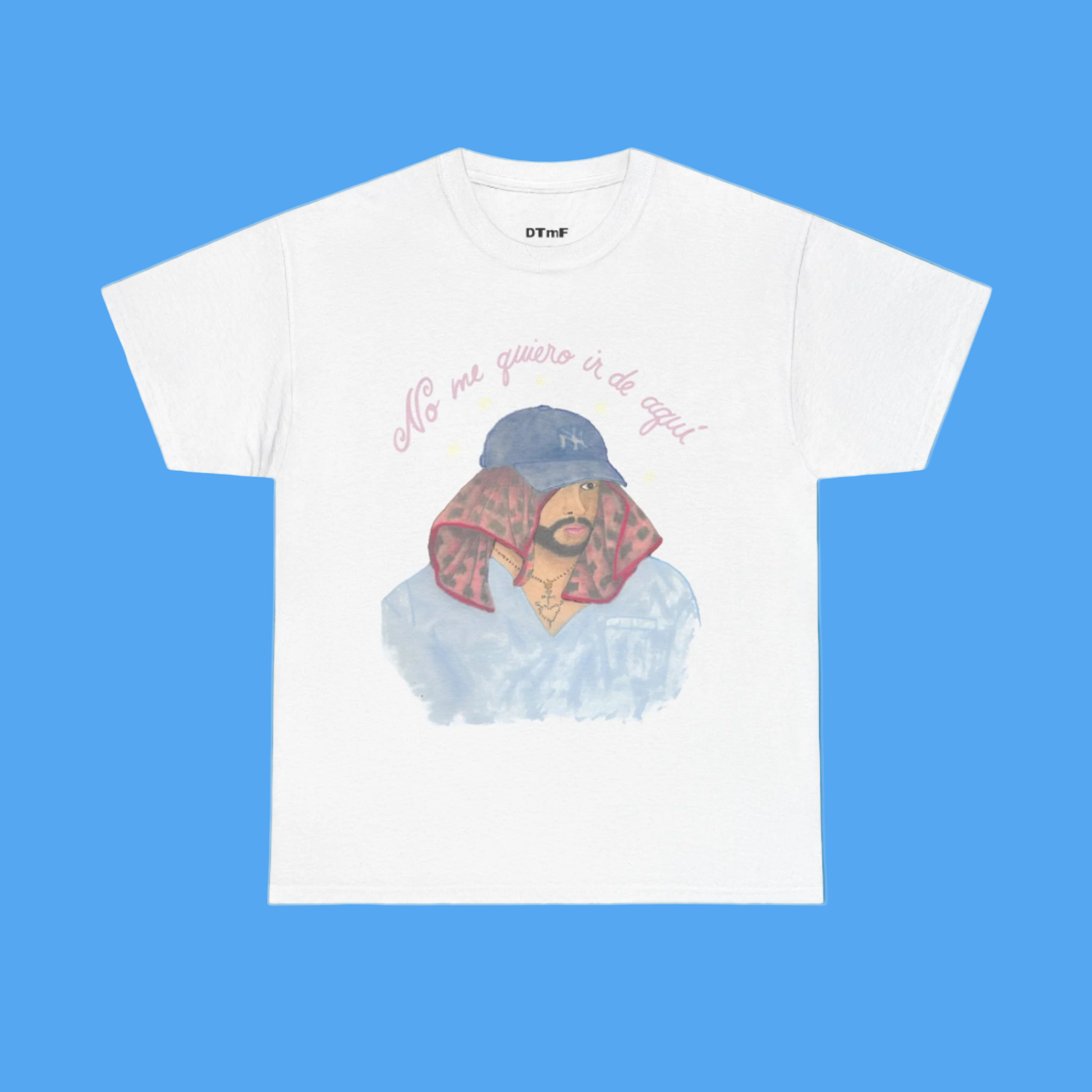 White t-shirt with graphic design on a blue background