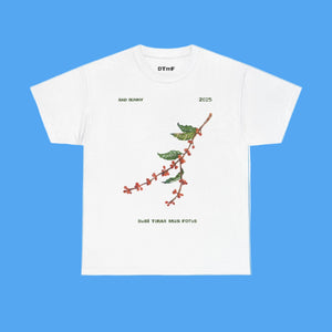 White t-shirt with a floral design and text on a blue background