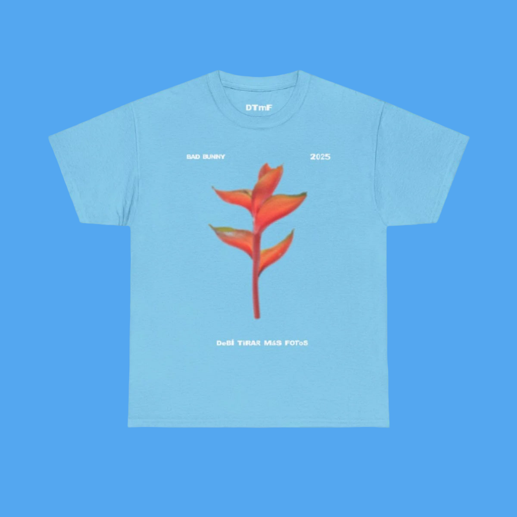 Light blue t-shirt with a red plant design and text on a light blue background